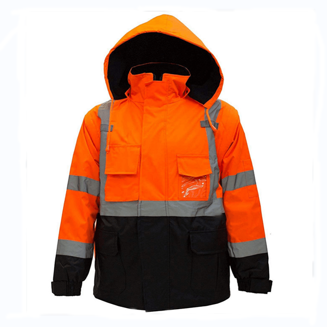 Sicherheitsjacke mit verstellbarer Kapuze in Fluo-Orange mit mehreren Taschen und schwarzer Unterseite